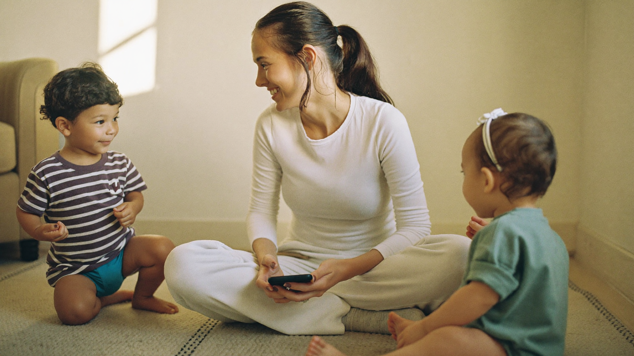 A mum lowering her phone and looking up toward her children playing on the floor in soft morning light