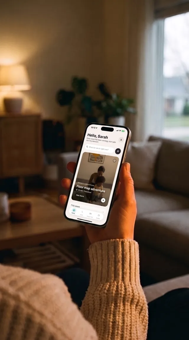 A hand holding an iPhone showing a Hello Mumma activity suggestion